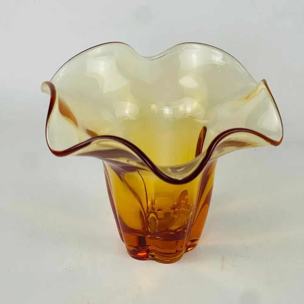 Tiffen Glassware Amber Ruffle Glass Vase or Candle Holder 6” W x 4 5/8” H